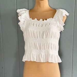 AQUA Bloomingdales Smocked Eyelet Flutter‎ Crop Top White S Coquette Cottagecore